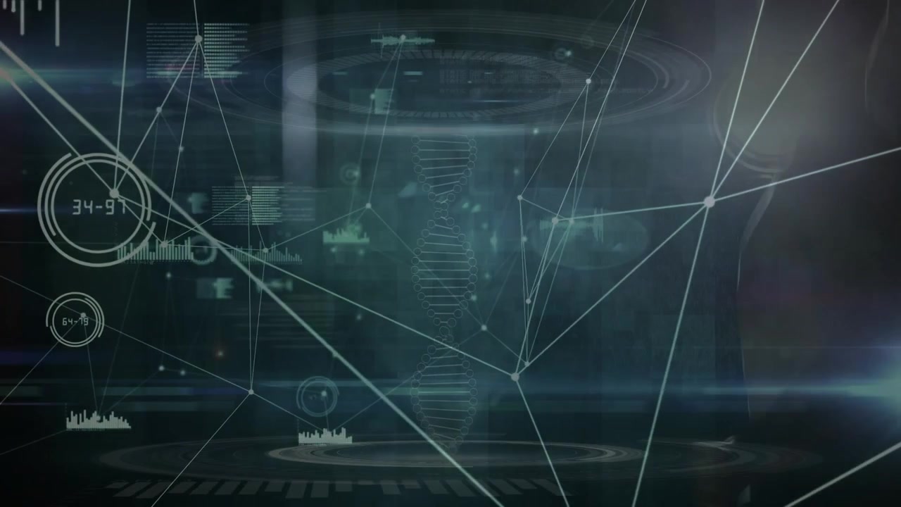 Animation of man running over network and data processing on black background