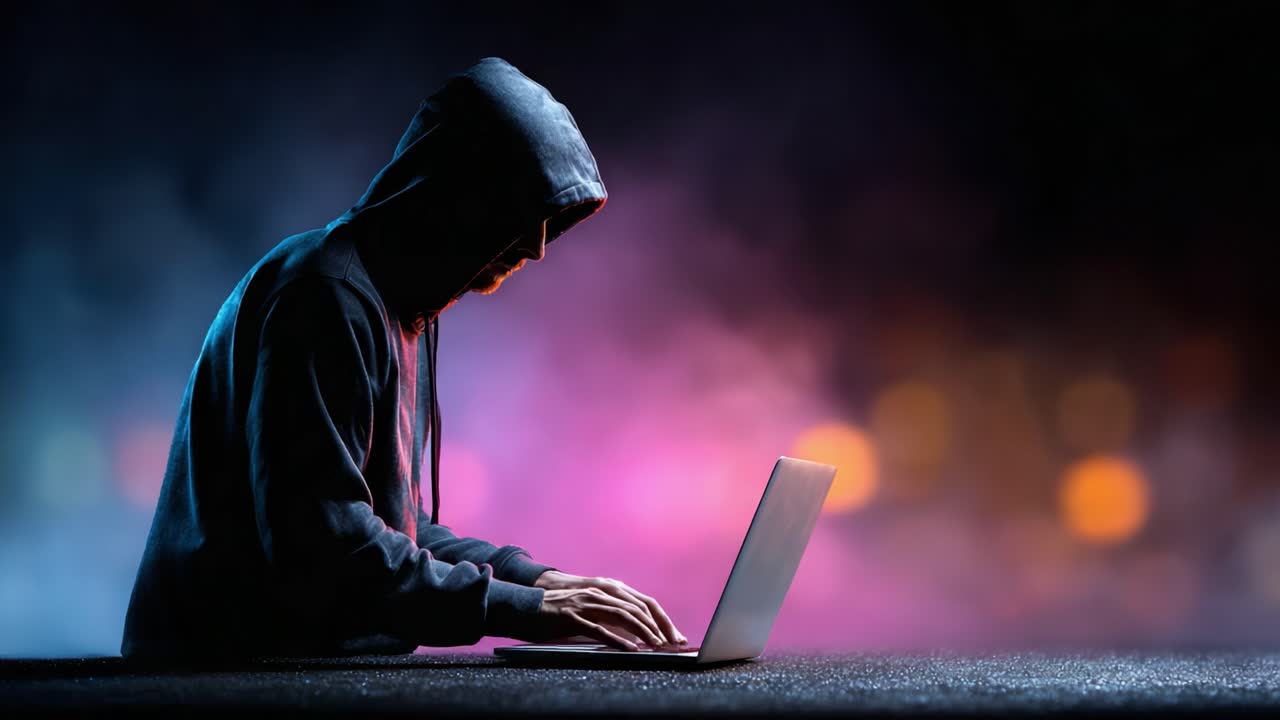 A Mysterious Figure in a Hoodie Engaged with a Laptop Amidst a Colorful Emotional Background, Illustrating Themes of Technology, Isolation, and Intrigue