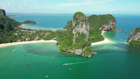 Panoramic-Aerial-View-Of-Tropical-Paradise-With-Limestone-Mountains-At-Railay-Beach-In-Krabi,-Thailand