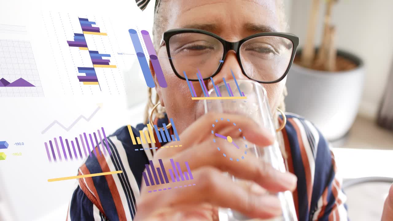 Senior woman raising glass and sipping, hydrating, lift causing health charts drifting leftward