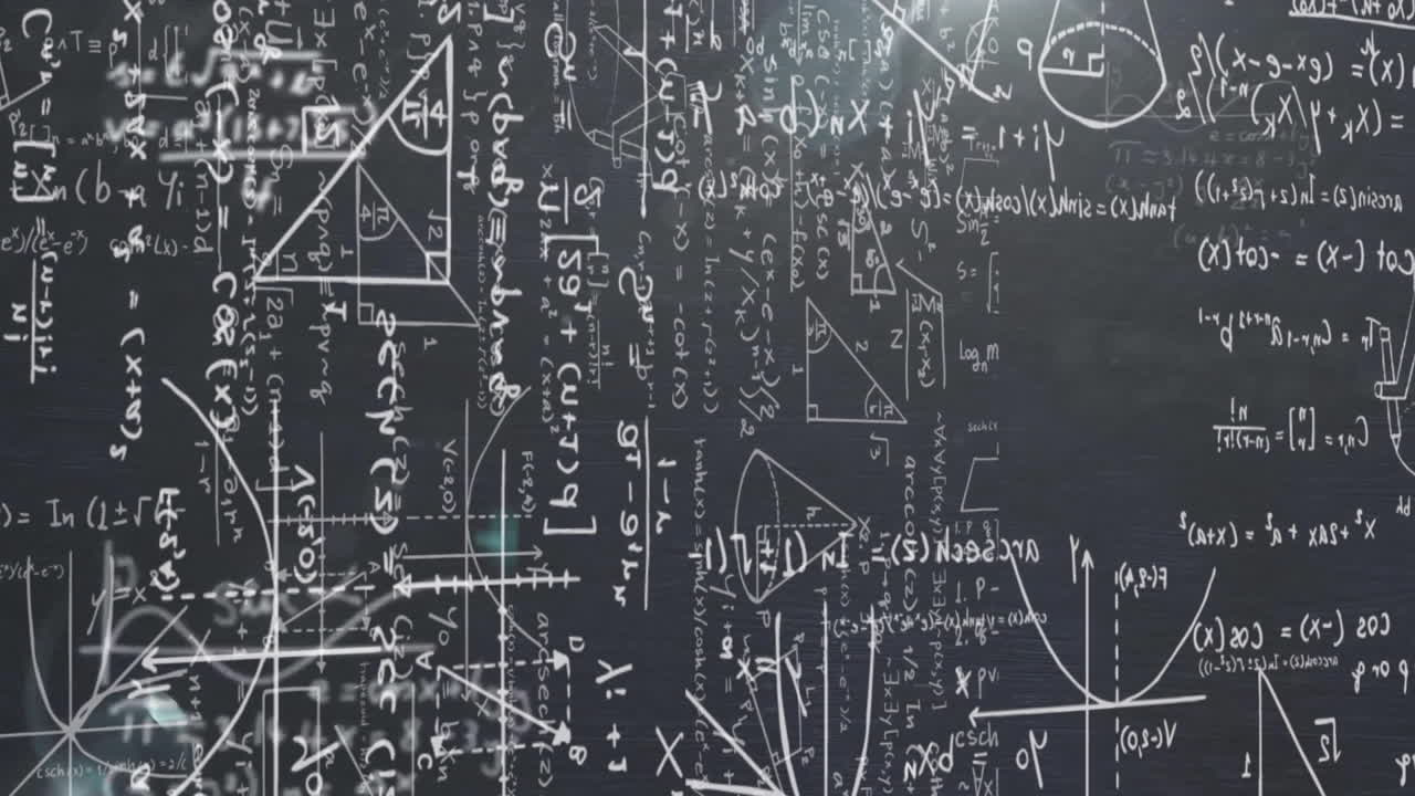 animación de fórmulas matemáticas y procesamiento de datos sobre un fondo oscuro.