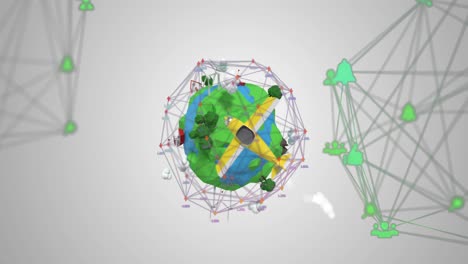 network of connection icons against globe with growing trees and plane flying