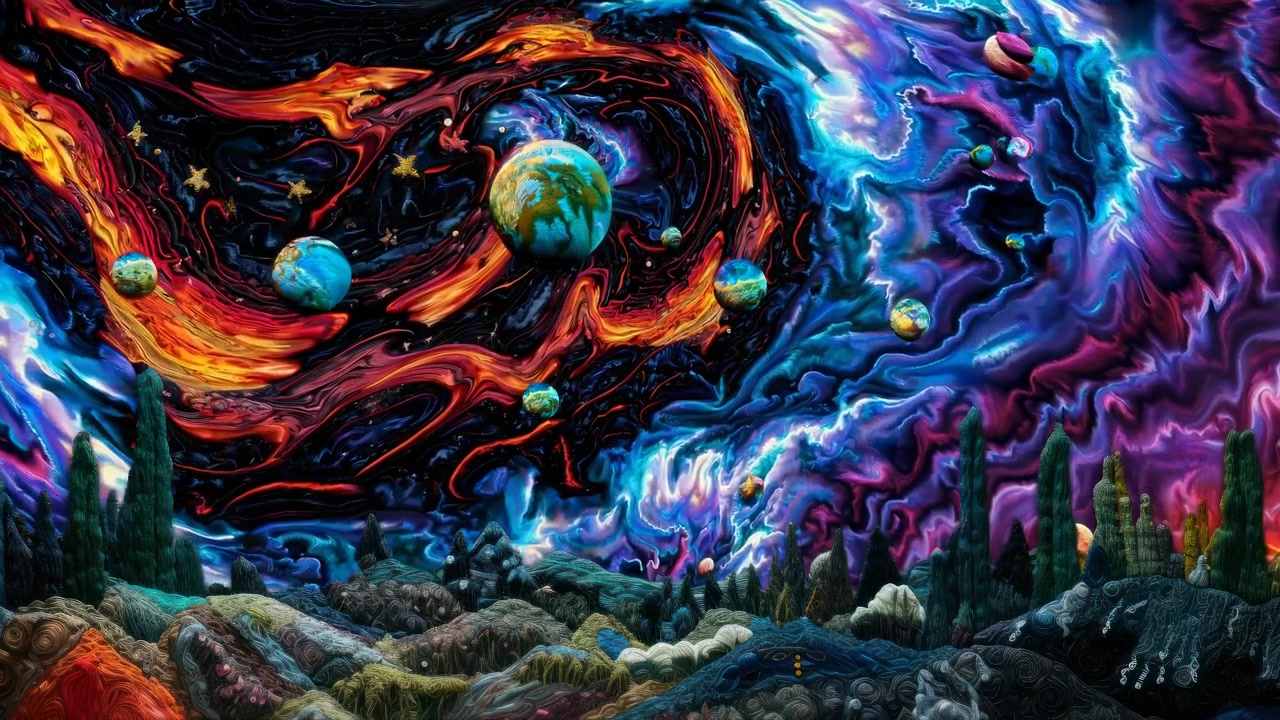 Vibrant Abstract Cosmic Landscape with Swirling Nebulae and Planets