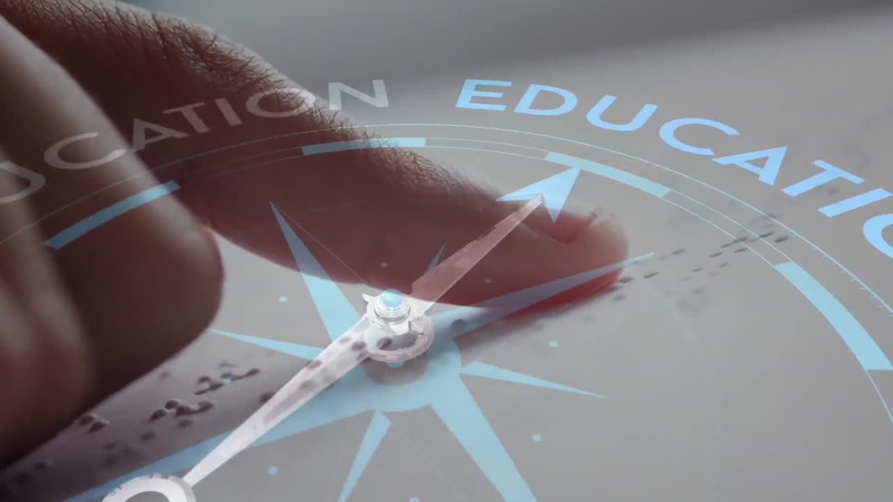 animación de una brújula con texto sobre un niño caucásico que lee braille