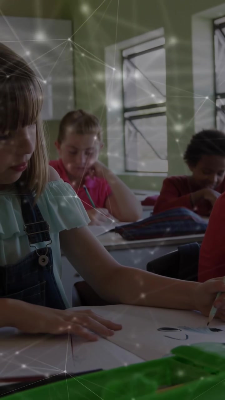 Vertical video: Girl fixing hair leaning sketching for school, net overlaying paper, green file