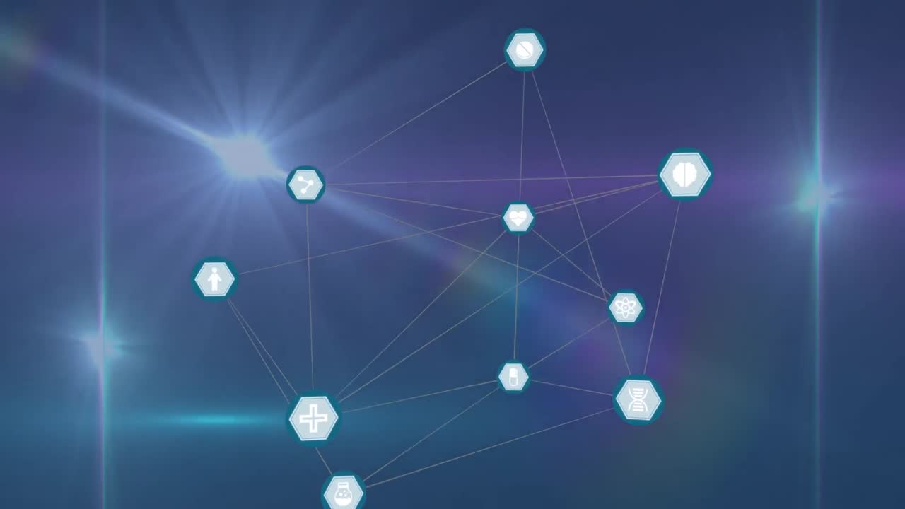 파란색 배경에 빛의 반점과 렌즈 플레어에 대한 디지털 아이콘의 네트워크