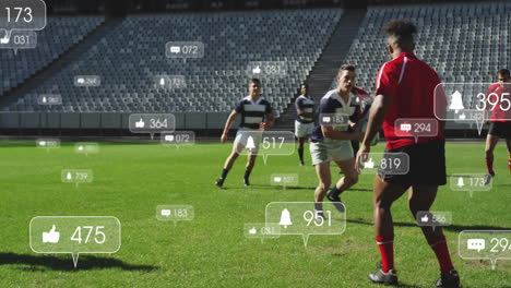 rugby players on field with social media notifications overlay animation