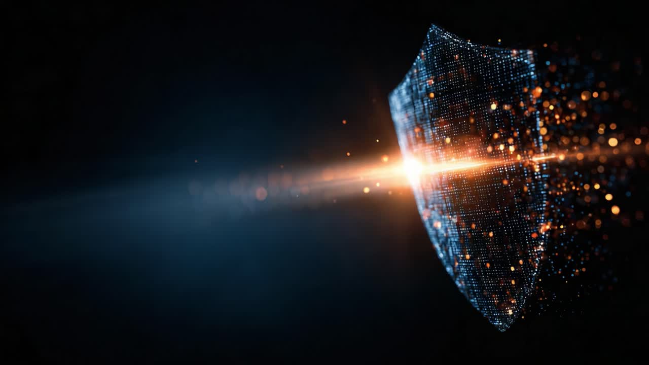A Stunning Visualization of a Shield Made of Digital Particles, Illuminating a Futuristic Environment with Sparks and Bright Light, Representing Protection and Security
