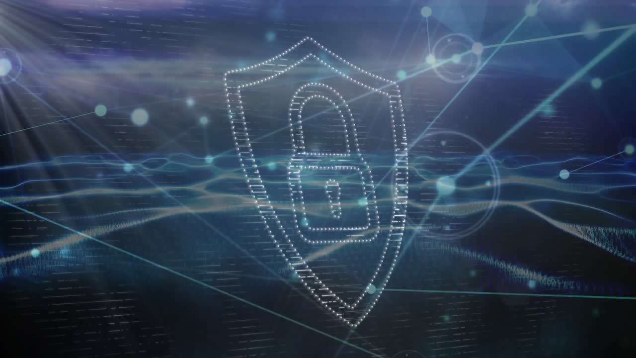Digital lock and shield icon over network connections and data flow animation