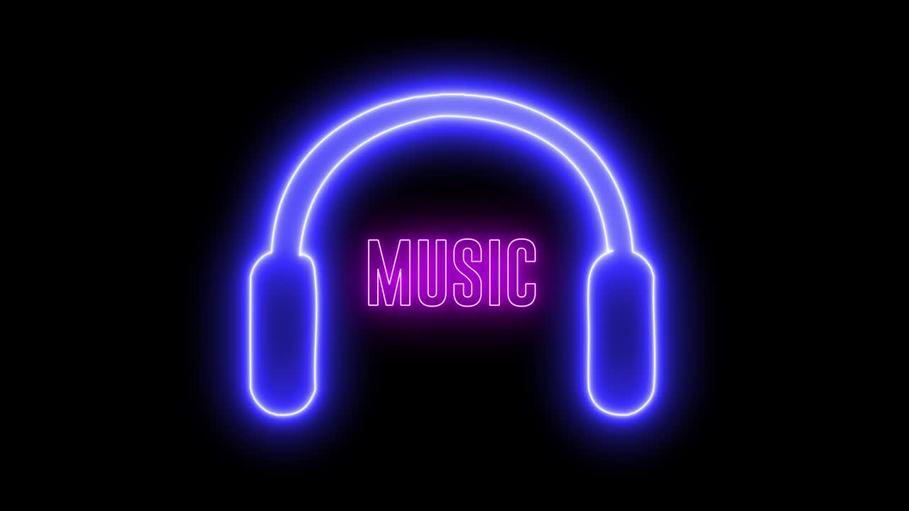 Neon headphone and text of "MUSIC". Colorful design for dj, headset and audio with shiny light.