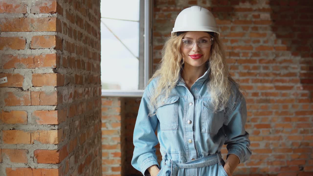 The process of building a dream house. Housing for young families. A young woman in a work helmet and denim clothes and goggles stands at the construction site.