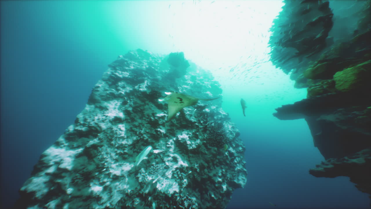 manta ray nadando con gracia cerca de un arrecife de coral durante el mediodía en aguas claras