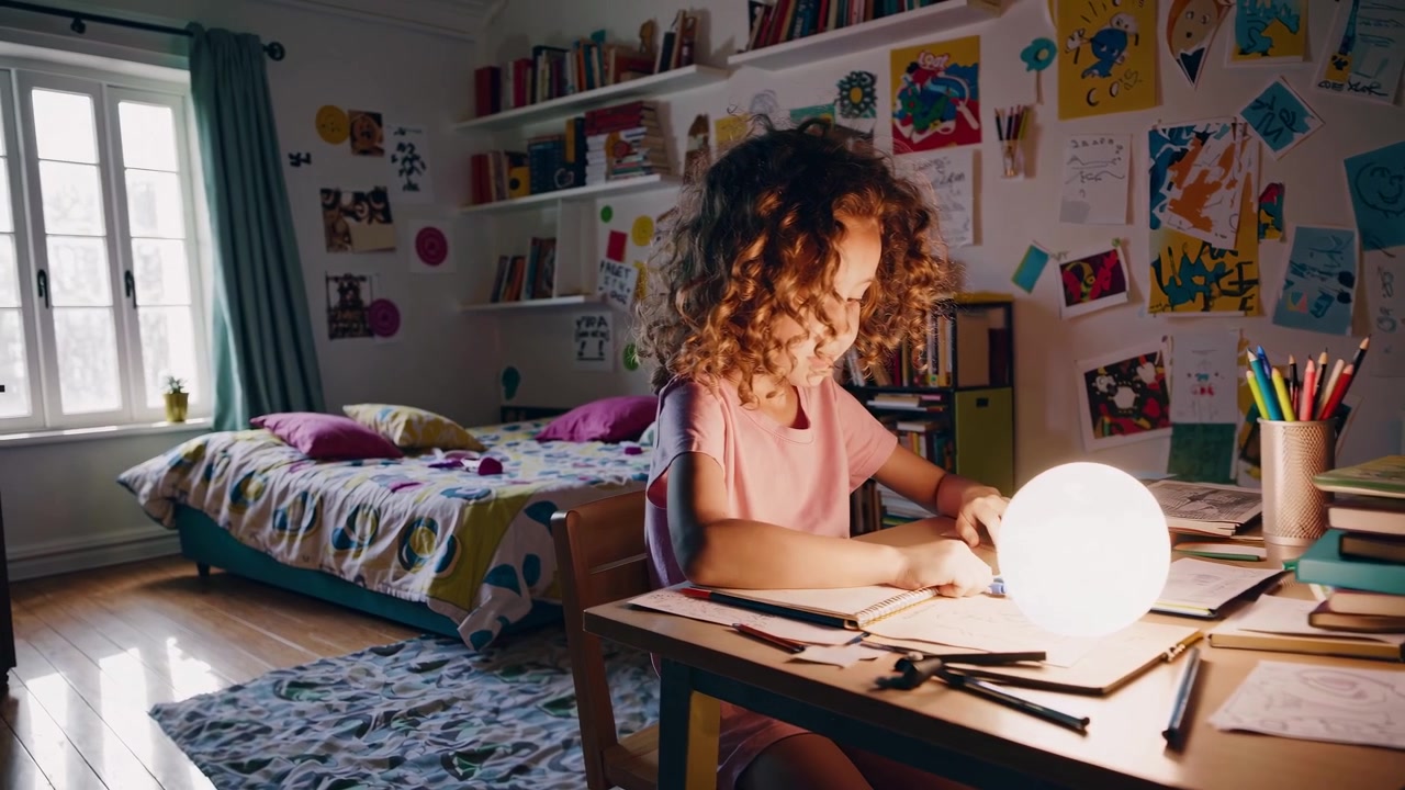 Young Girl Drawing in Her Bedroom at Night
