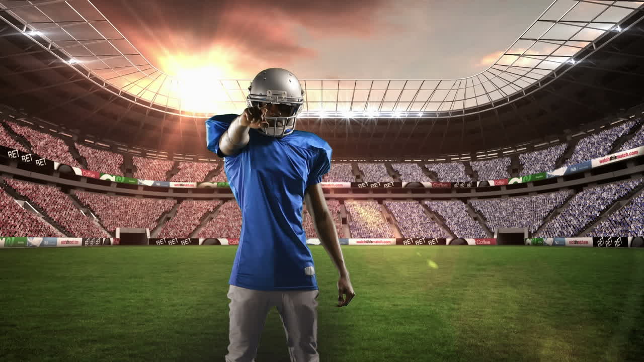 animación de un jugador de fútbol americano sobre un estadio deportivo