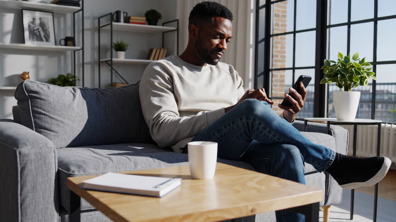 A man relaxing on a sofa and using his smartphone in a modern living room