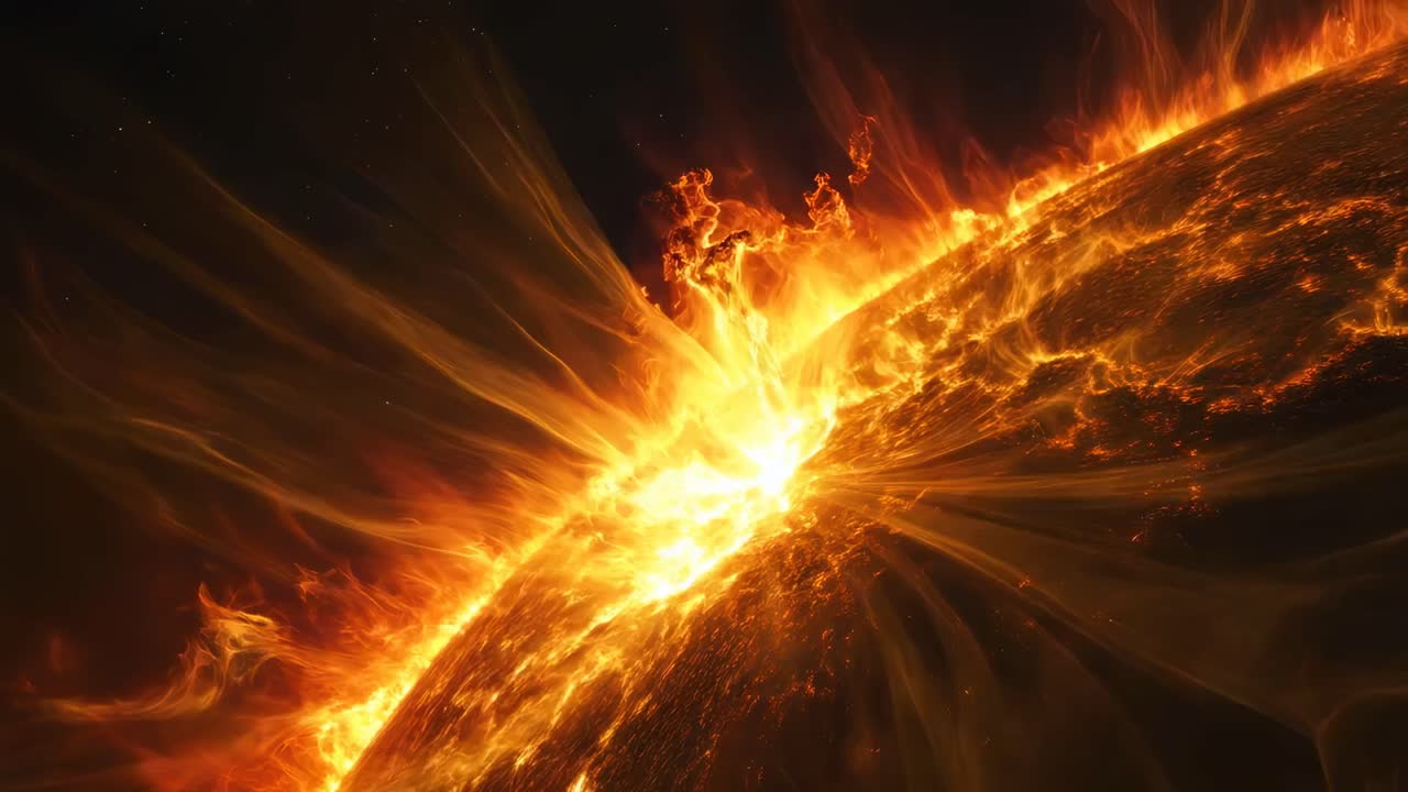 Dynamic video still of a solar flare erupting from the sun's surface, captured from a close-up