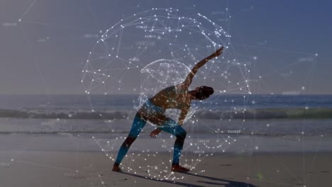 animation of networks of connections with globe over caucasian woman praciticing yoga on beach