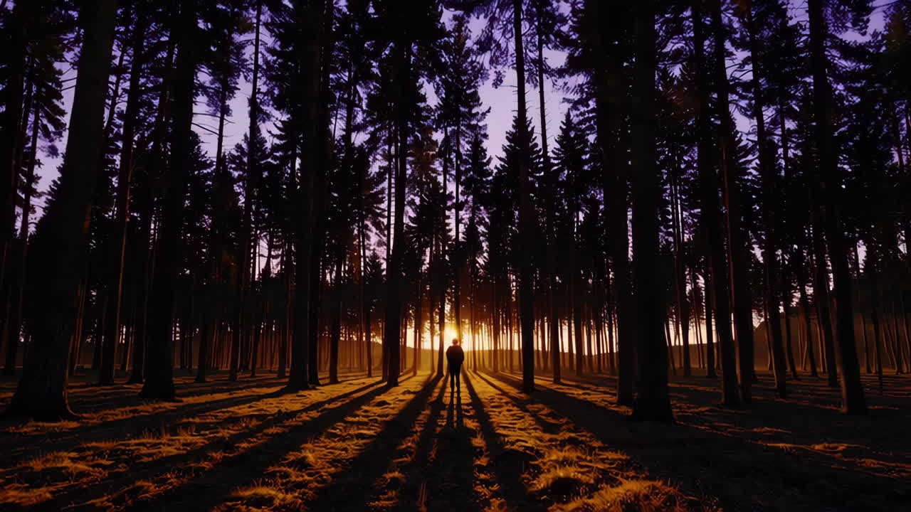 La puesta de sol en un bosque de pinos