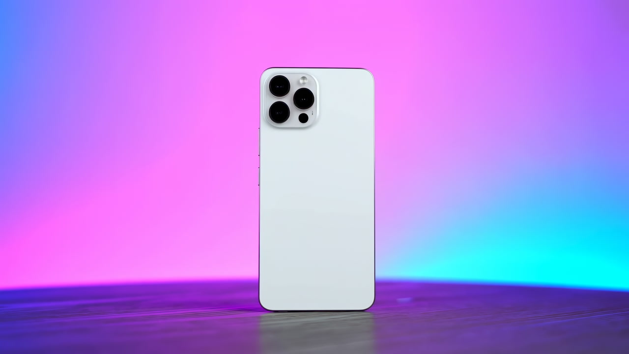 White Phone Centered On Neon Gradient Backdrop, Table Surface, Glossy Finish, Triple Camera Cluster Visible,