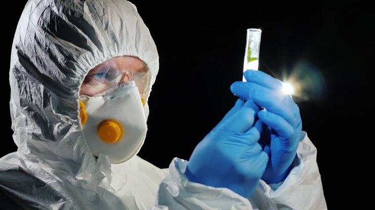 A male scientist holds a flask with a plant 1