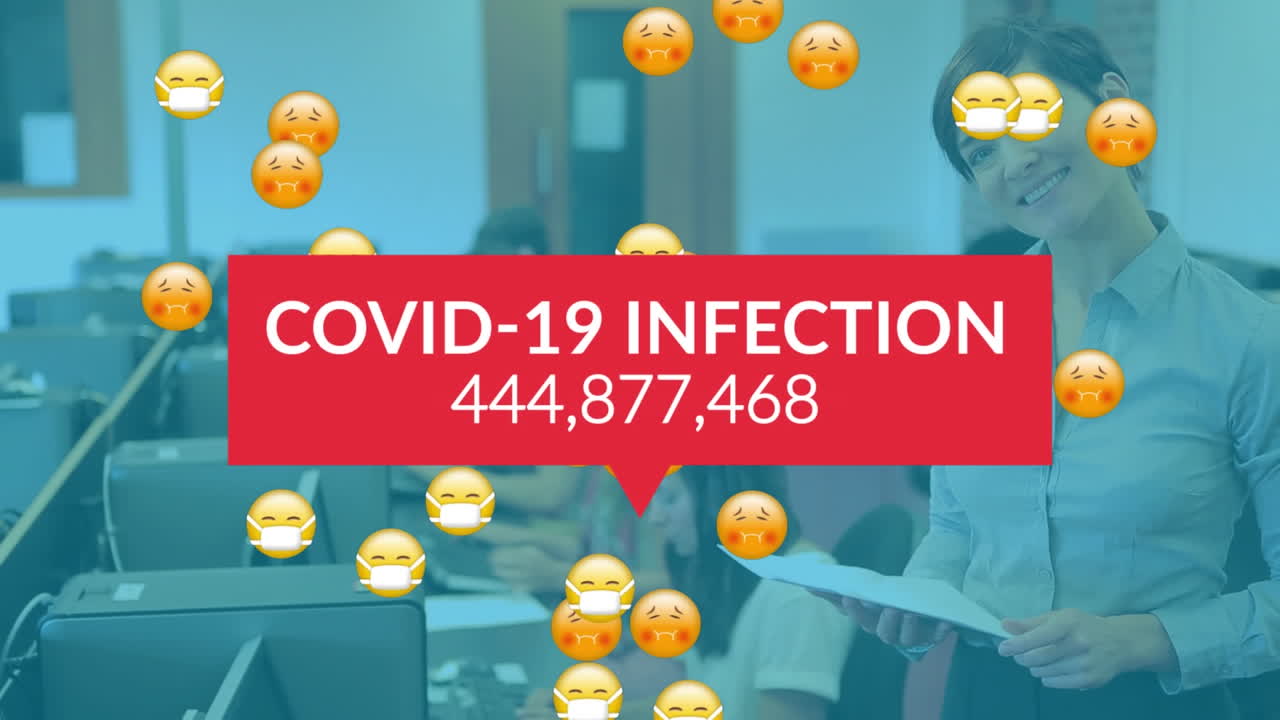 코로나19 데이터 프로세싱의 애니메이션: 여러 병에 걸린 이모지, 얼굴 마스크, 사업가