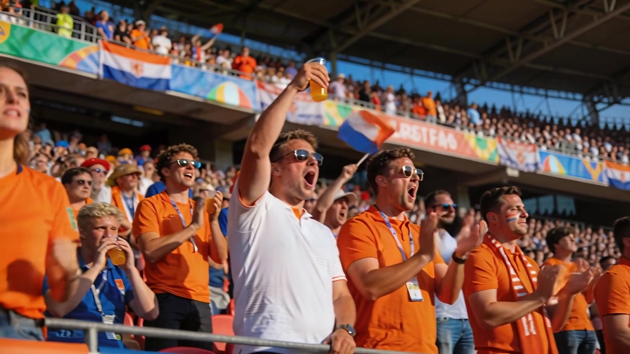 Mujer inclinada con camiseta naranja y vaqueros animando en la barandilla del estadio con banderas y vasos, reaccionando a la jugada.