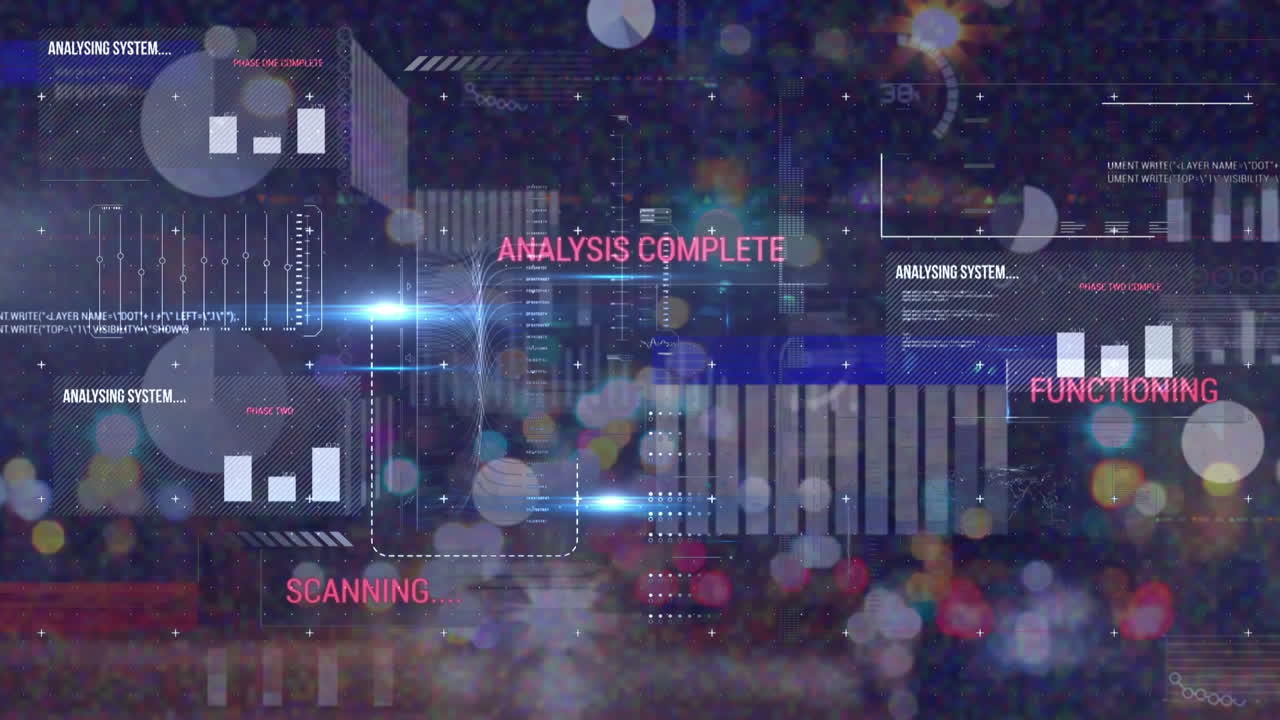 Animation of diverse data and graphs on digital screen over night blurred road traffic