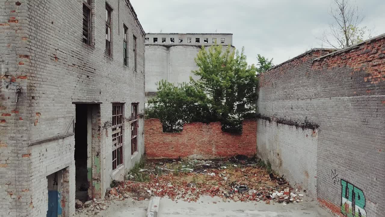 Ruins of an old factory. Old industrial building for demolition. Aerial view