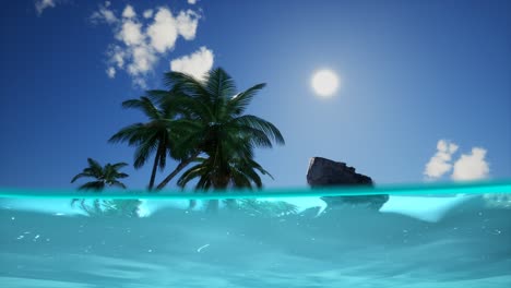 vista dividida de la sección transversal de agua de mar y palmeras en la isla