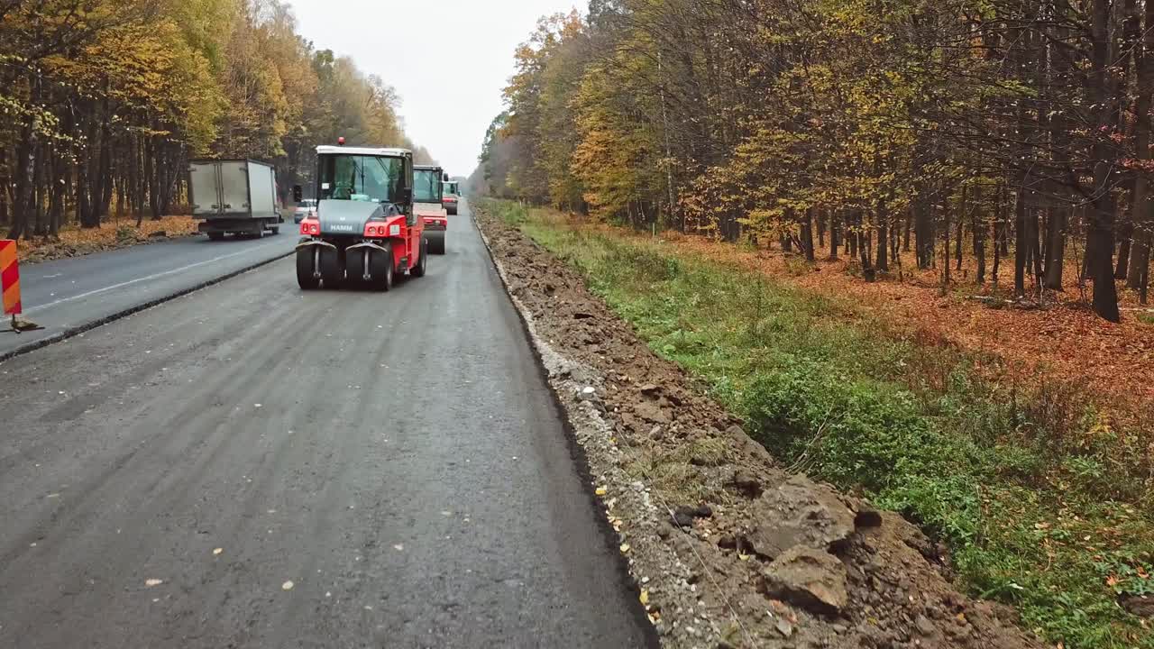 Construction of new highway. Aerial view on the new road construction site