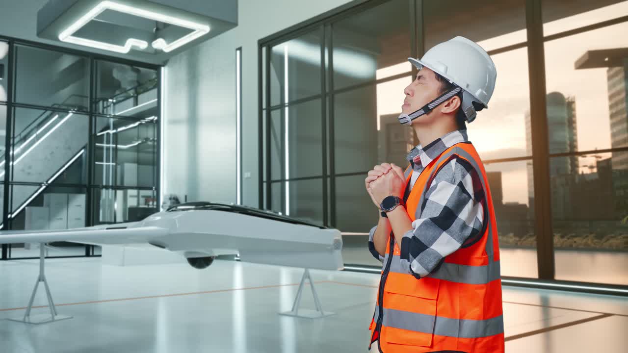 инженер молится в современном офисном здании