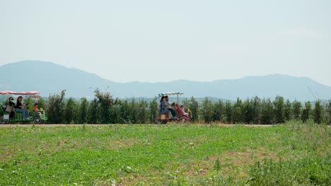 family riding four-wheeled electric bicycle at anseong farmland with mountain in the background