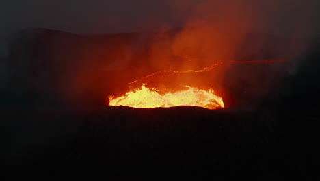 Orbit-shot-around-volcano-crater-eruption.-Close-up-of-boiling-magmatic-material-in-crater-and-flowing-lava-stream-in-background.-Fagradalsfjall-volcano.-Iceland,-2021