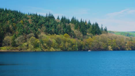 Embalse-De-Lady-Bower-Hermoso-Paisaje-Bosque-En-El-Fondo-Cielos-Despejados-Día-De-Verano-Azul-En-El-Distrito-Pico-Olas-Tranquilas-Filmadas-En-4k