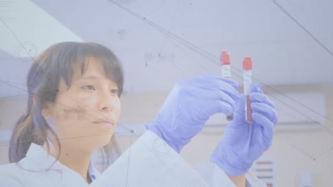 network of connections against biracial female scientist holding two test tubes at laboratory