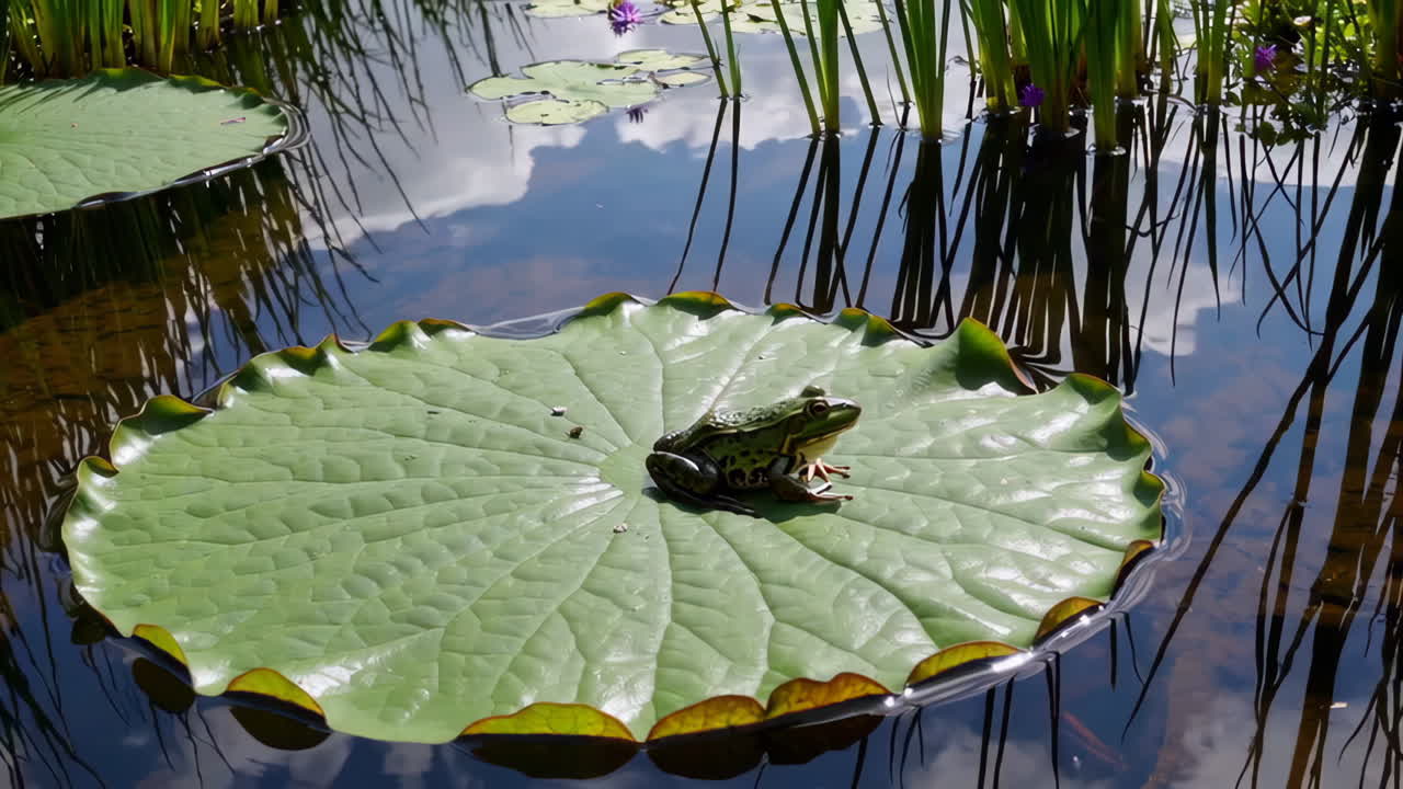 A green frog rests on a large lily pad in a calm pond