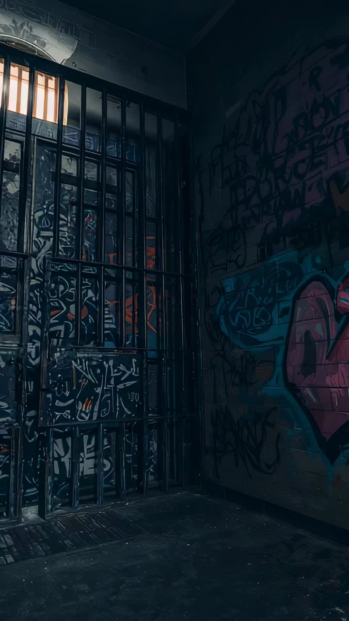 Vertical video: Light from arched window causing bars casting shadows on pink heart tag, copy space