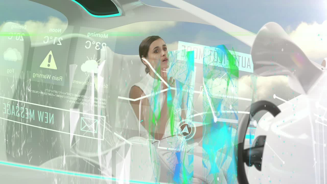 Animazione di elaborazione dati sopra una donna d'affari caucasica in un'auto moderna.