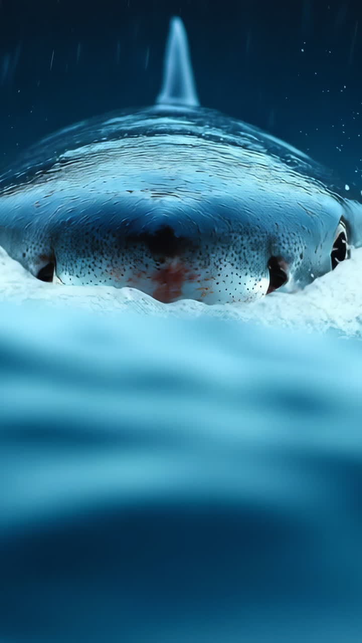 Shark surfaces in ocean waves at dusk. A shark emerges from the water, splashing as waves crash around it during twilight, showcasing its powerful presence.