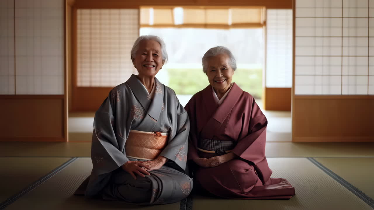 Two elderly Japanese women in kimonos smiling in a traditional tatami room