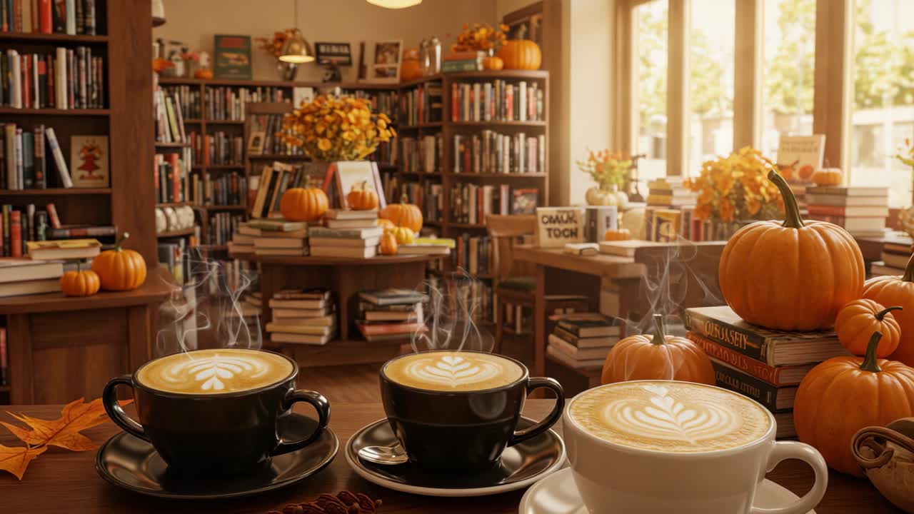 Cozy Atmosphere in a Pumpkin-Themed Café Library: A Warm Gathering of Coffee, Literature, and Autumn Décor that Invites You to Relax and Enjoy the Season