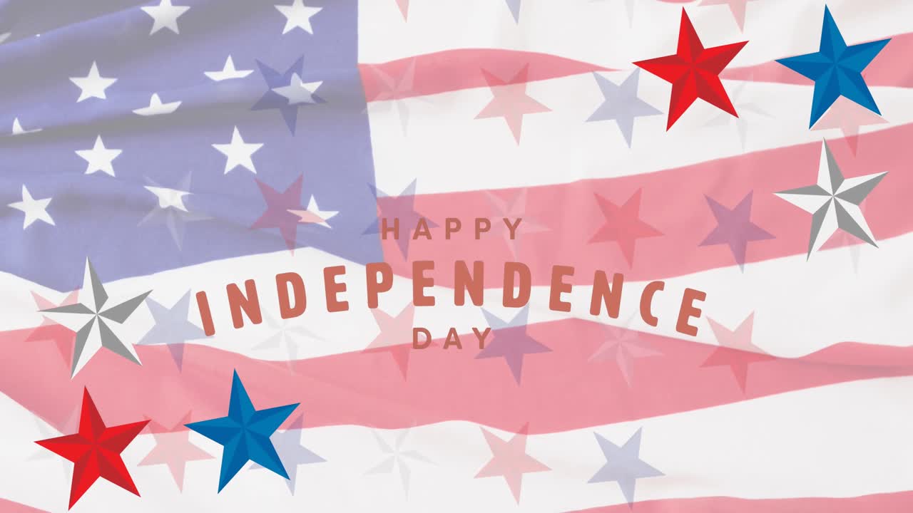 animación de feliz día de la independencia texto y estrellas sobre la bandera de américa