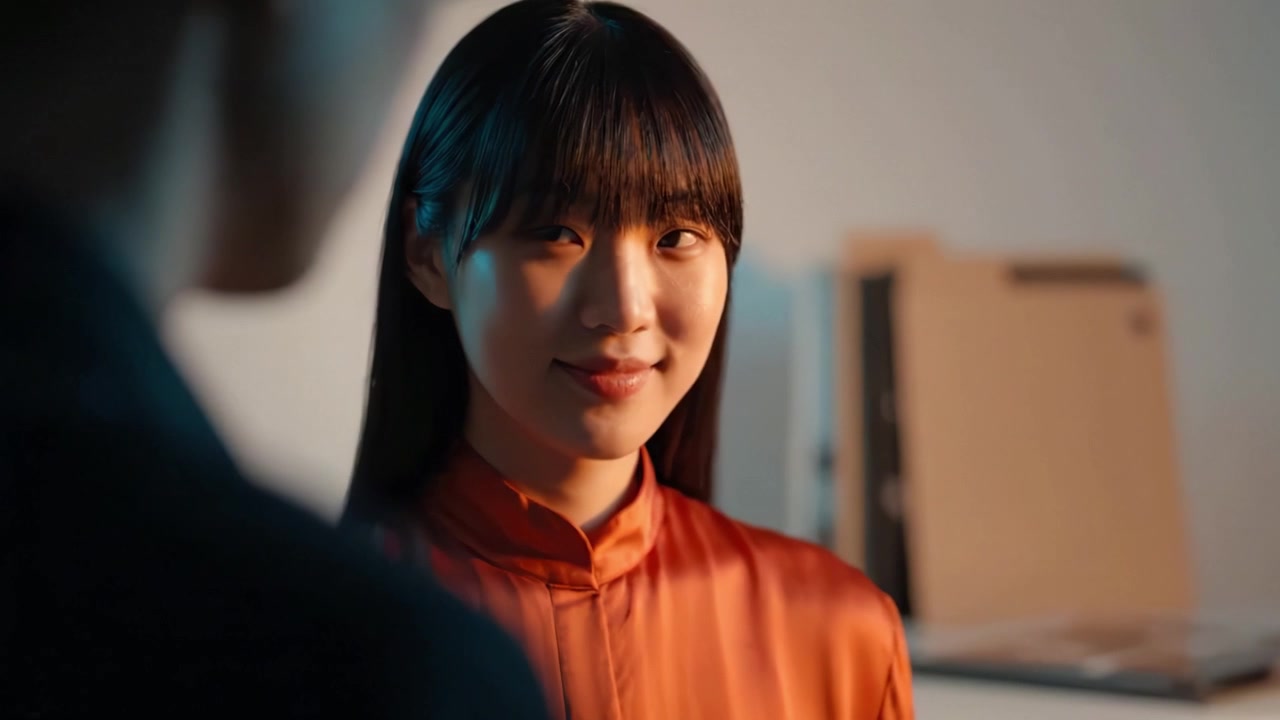 부드러운 조명으로 가득한 창의적인 스튜디오 분위기에서 선명한 주황색 옷을 입고 우아함을 발산하며 촬영 중인 젊은 여성의 매혹적인 인물 사진