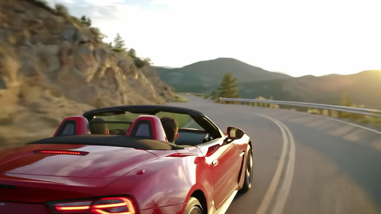 A convertible sports car speeds along a scenic mountain road during sunset, showcasing beautiful landscapes and vibrant colors as the day transitions to evening.