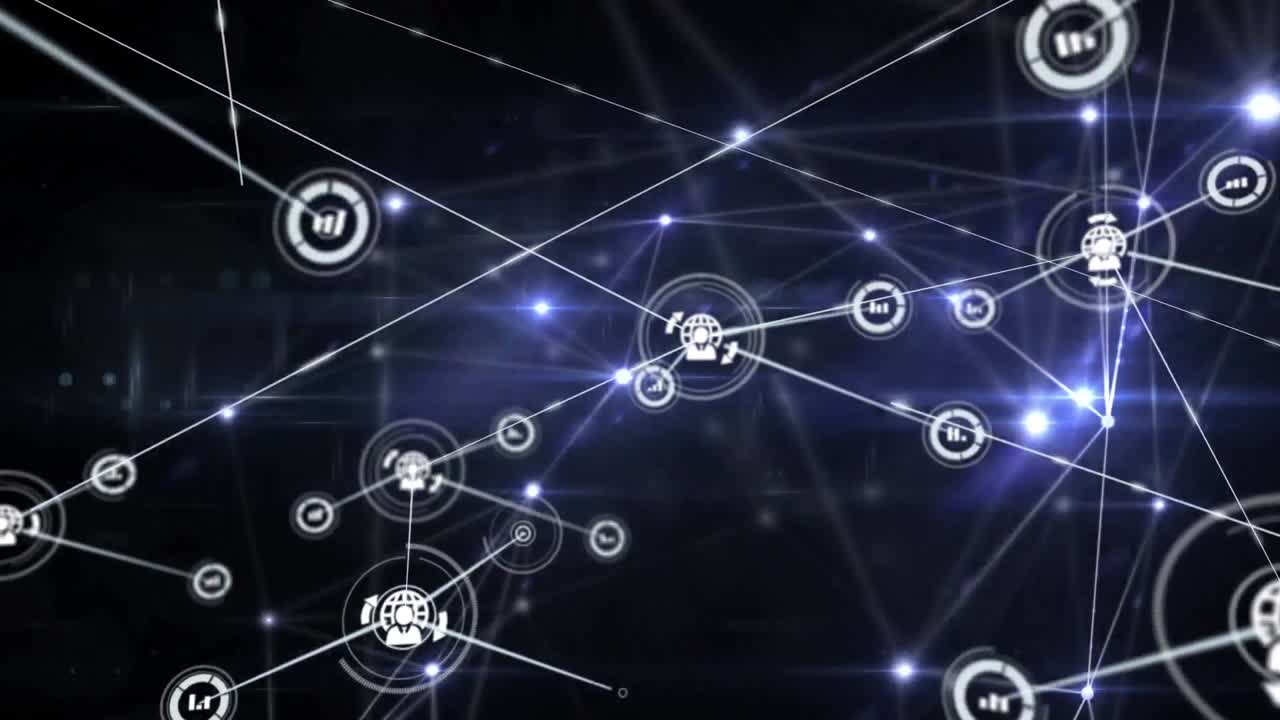 animación de redes de conexiones con iconos sobre fondo negro