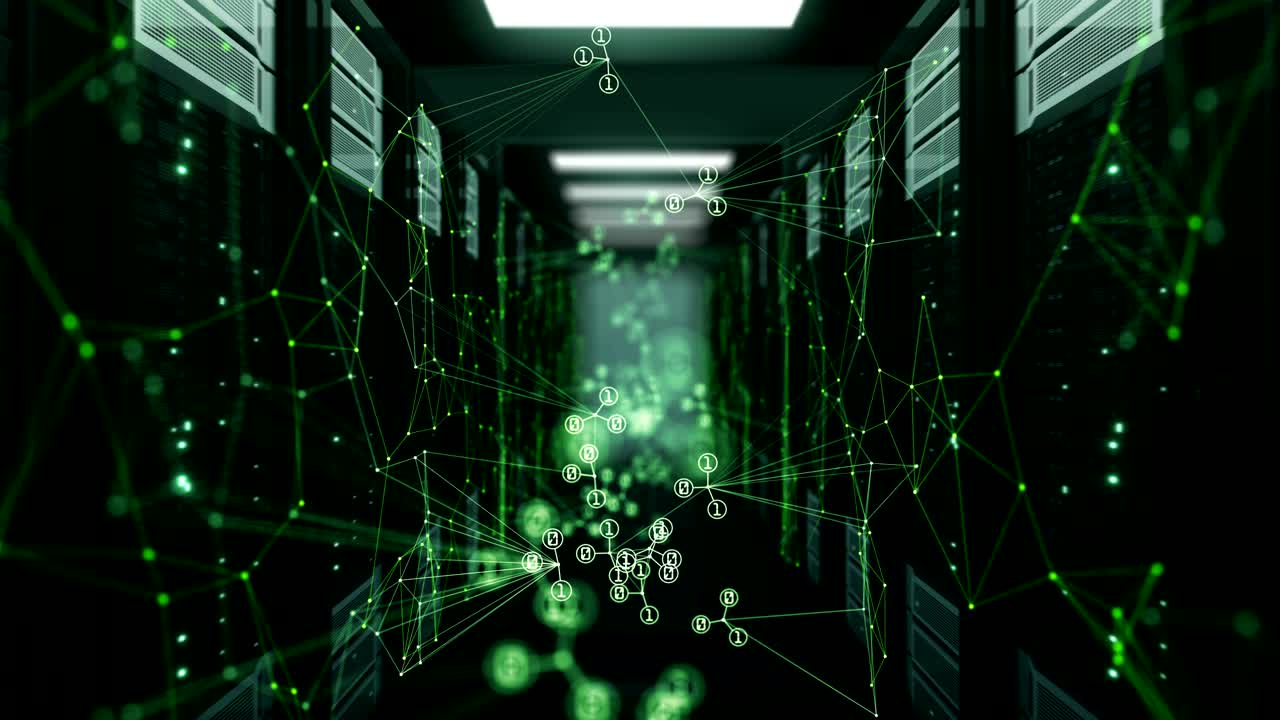 Digital Network Code Green Color in Abstract Server Room with DOF Blur. Looped 3d Animation of Data Center. Digital Media and Futuristic Technology Concept.