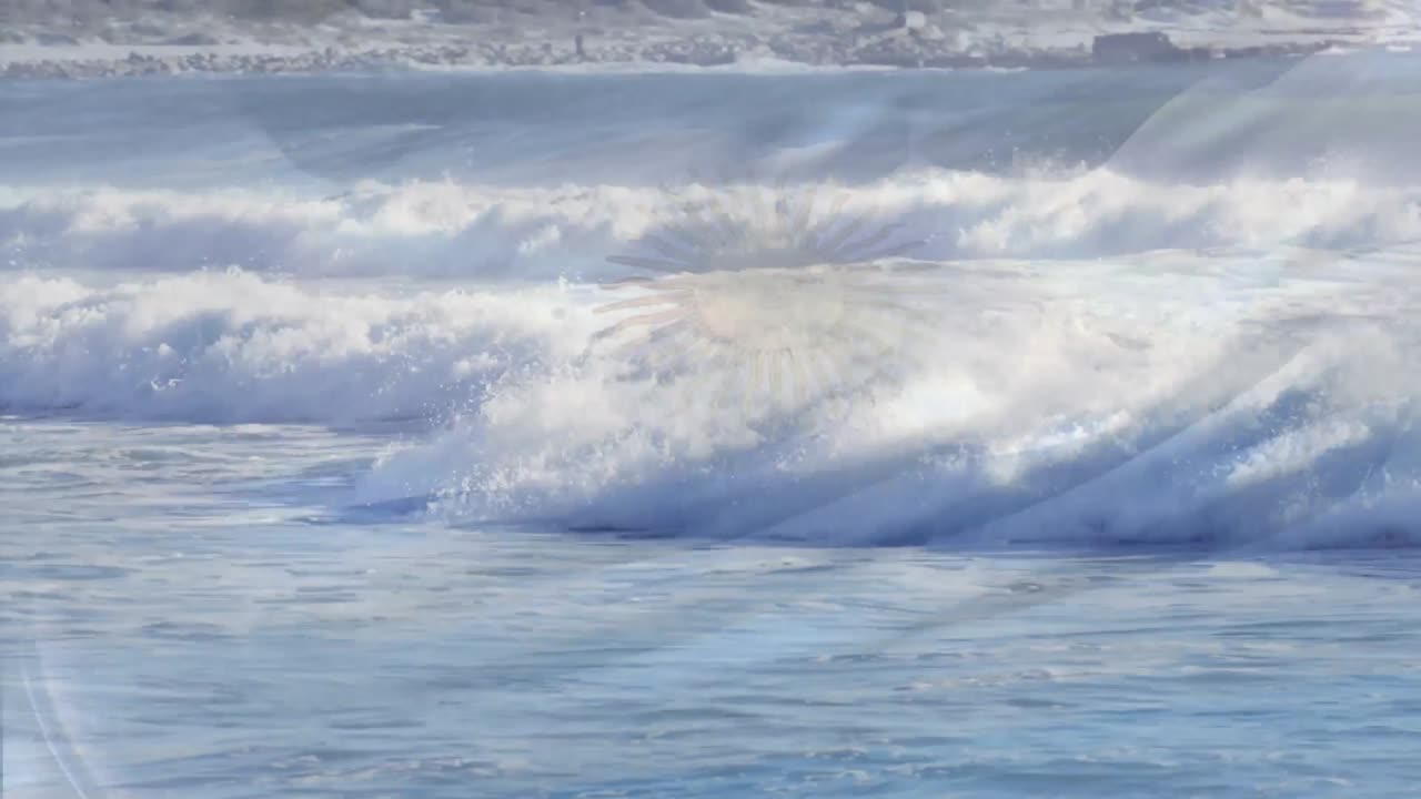 아르헨티나의  ⁇ 발이 바다에서 파도 위에 날아다니는 애니메이션