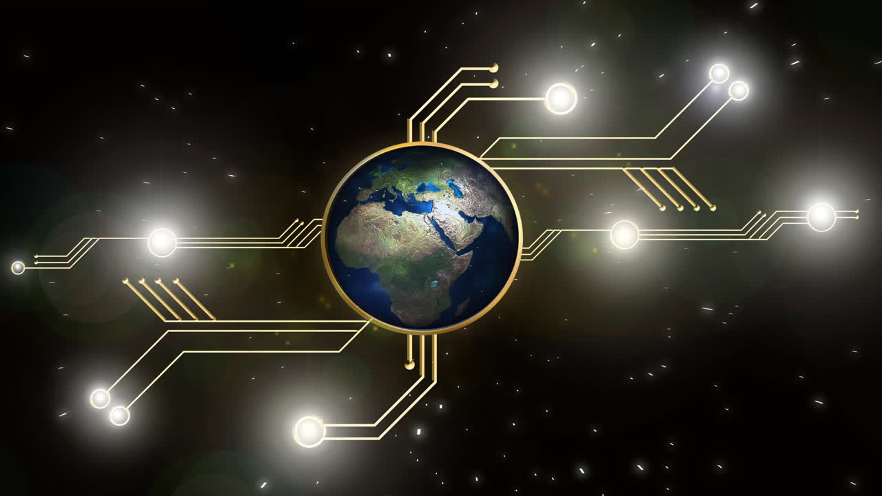 A technology sci-fi types intro where earth like planet is shown with different connections of blinking lights