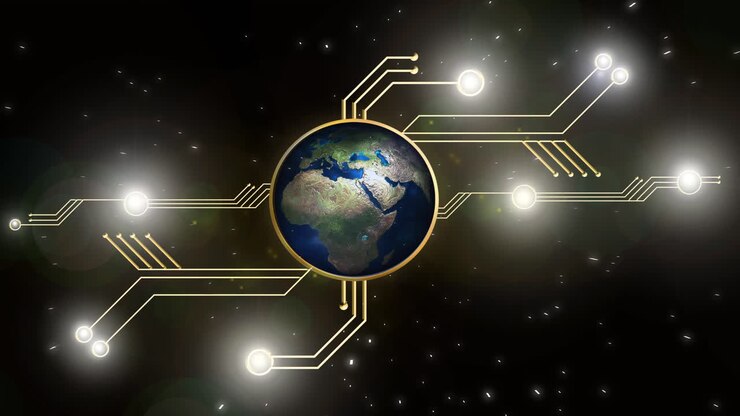 Un'introduzione in stile tecnologico fantascientifico dove viene mostrato un pianeta simile alla Terra con diverse connessioni di luci intermittenti