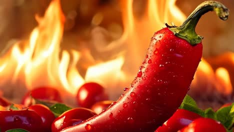 un chile rojo caliente sentado en la parte superior de una pila de tomates junto a un fuego
